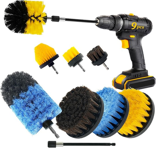 9 Pcs Drill Brush Attachments Set Hard and Soft Bristles Horsehair Brush Cleaning Kit for Home Bathroom Car Kitchen Corners Sink Stubborn Stains Tiles