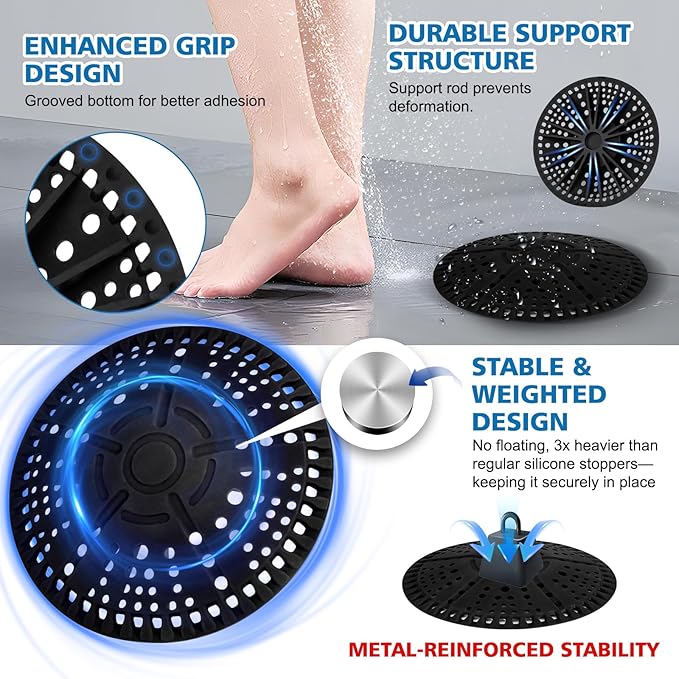 ZOOY Shower Drain Hair Catcher, 2 Pack 5.5 Inch Silicone Large Drain Cover, Bathroom Hair Drain Catcher, Flat Anti-Clog Hair Trap for Shower, Bathtub, Tub & Sink Hair Strainer(Black)