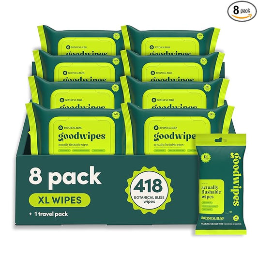 goodwipes Flushable Wipes Bulk Pack, Botanical Bliss Adult Wet Wipes for Women & Men, Sewer & Septic Safe, Toilet & Bathroom Essentials, Extra Large, 418 Count (8 Packs and 1 Travel Pack)