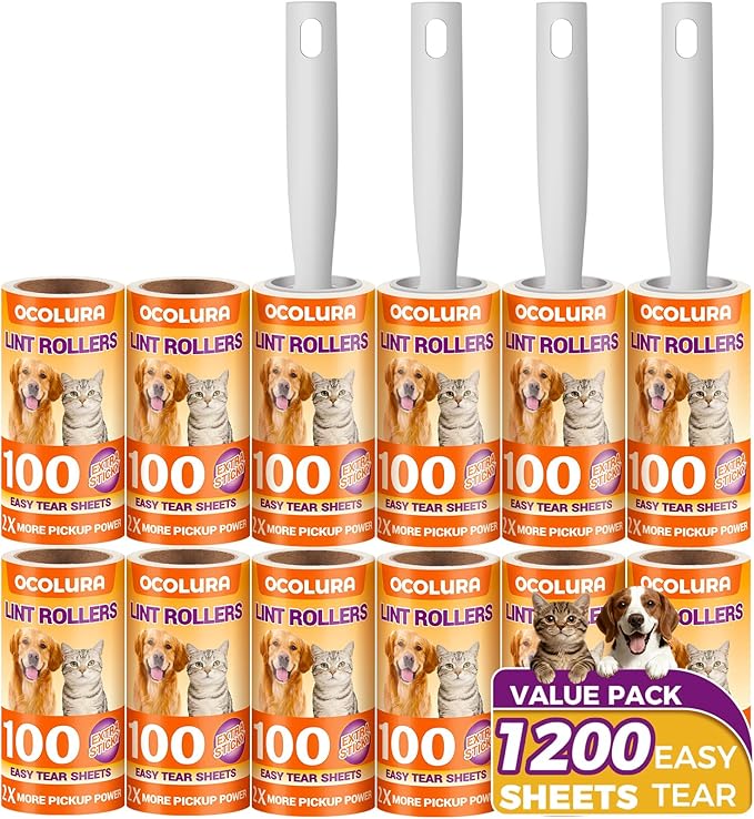 1200 Sheets Extra Sticky Lint Rollers for Pet Hair, Easy Tear Lint Remover for Dog Cat Hair, Clothes, Multipurpose Lint Roller for Furniture Couch Carpet Car Seat