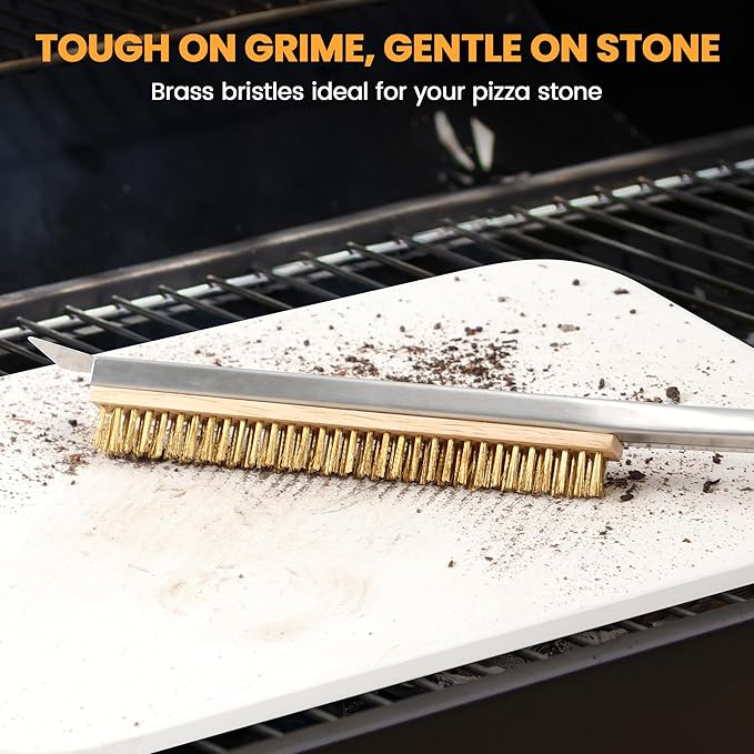 21'' Pizza Brush with Stainless Steel Stone Scraper - Brass Bristles - Wood Handle - Hanging Ring - Outdoor Pizza Oven Accessory - Compatible with Ooni, Gozney, Blackstone, Solo Stove Ovens