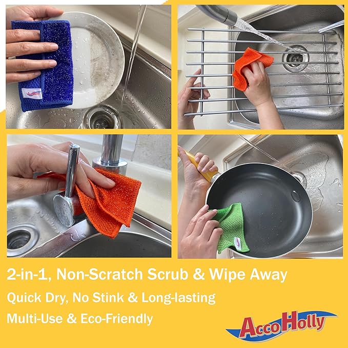 6-Pack Reusable, Scrub Dish Cloth –Non-Scratch Microfiber Scrubber, Planet-Friendly, Easy Rinsing, Quick Dry, Dishwasher Safe Cloth for Kitchen & Household, 6 x 6 Inch, Orange, Blue & Green Assorted