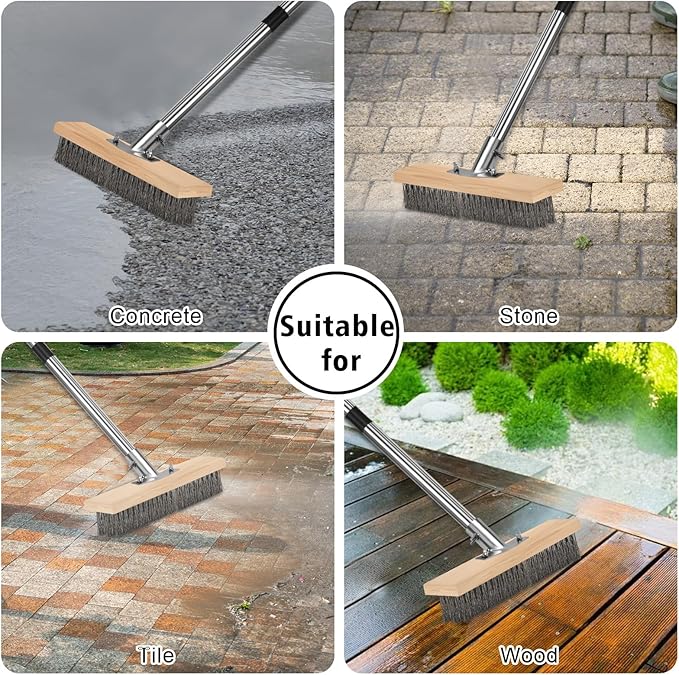 Crack Weeder Brush Heavy Duty Wire Broom Set, Multifunction Moss Grout Remover with Scraper Weed Puller, Detachable 64.9in Handle for Outdoor Deck Pavers Patios Walkways Concrete Floor Cleaning