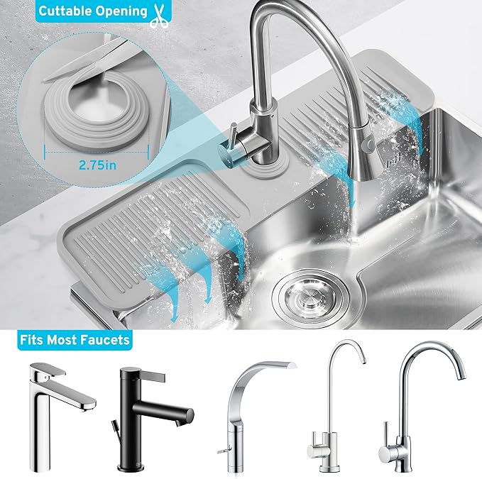 24"Longer Silicone Faucet Mat for Kitchen Sink,5° Slope Faucets Draining Mat Bathroom Sink Splash Guard Mat Kitchen Sink Splash Guard Accessories(Grey 24.0" x 5.5"）