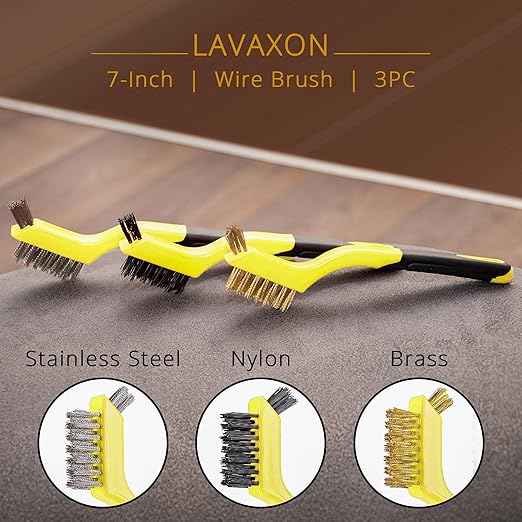 Wire Brush Set 3Pcs - Nylon/Brass/Stainless Steel Bristles with Curved Handle Grip for Rust, Dirt & Paint Scrubbing with Deep Cleaning – 7 Inches (Yellow)