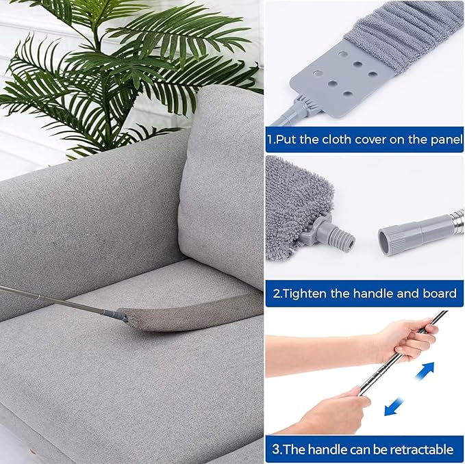 Retractable Gap Dust Cleaner with Extension Pole, Cleaning Tools with 2 Microfiber Dusting Cloths, Washable Extendable Long Handle Gap Dusters for for Sofa Bed Furniture Bottom (2pcs Duster Cloths)