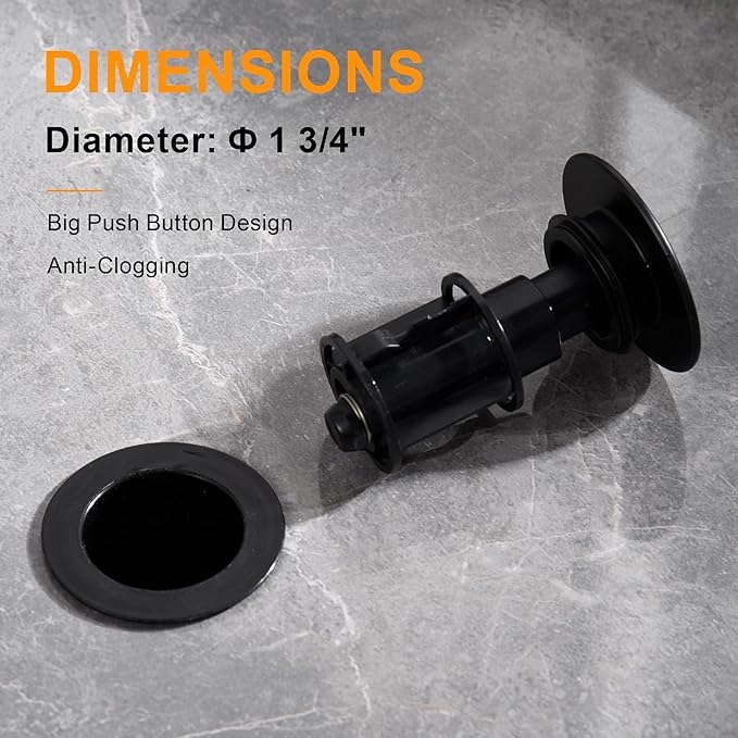 Vessel Sink Drain Without Overflow, Plastic Bathroom Pop up Sink Drain Fit for 1 3/4 Inch Vessel Sink, Built-in Anti Clogging Sink Stopper, Matte Black
