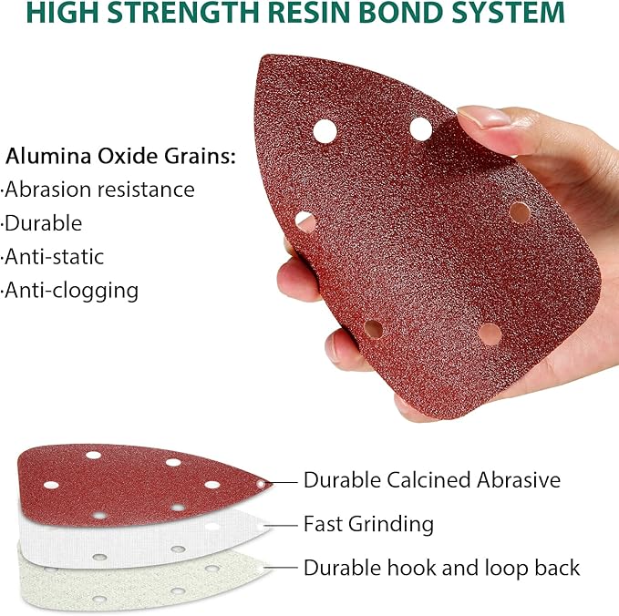 60PCS Triangular Sander Sandpaper, HYCHIKA Detail Sander Sandpaper Assorted 60/80/100/120/180/240 Grits with 6 Holes for Wood Sanding, Fit 3.92inch Qscillating Multi Tool Sander Machine