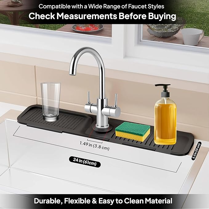 24 Inch Silicone Faucet Mat for Kitchen Sink Longer Splash Guard Behind Faucet Fast Draining 5° Slope Sink Protector Water Catcher Draining Mat Black