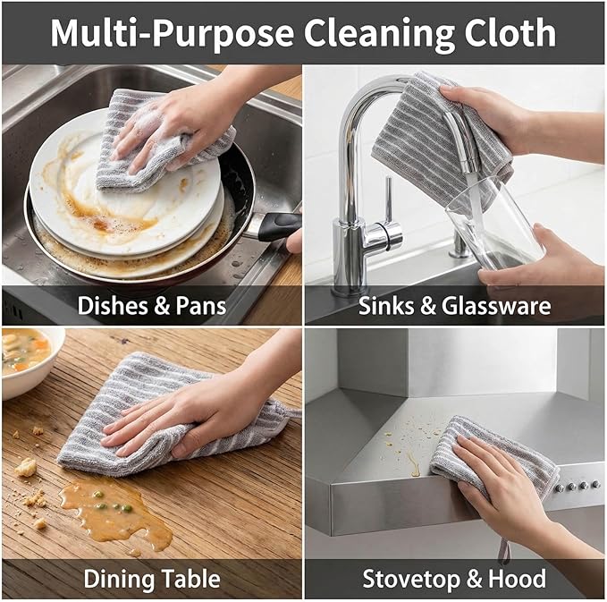 6 PCS Kitchen Cloth Dish Towels Thick Absorbent Cleaning Towels for Kitchen Non Oil Staining Durable Non Shedding Dish Cloths Ideal for Table Wiping Home Use and wet and dry use Dish Drying rag ﻿