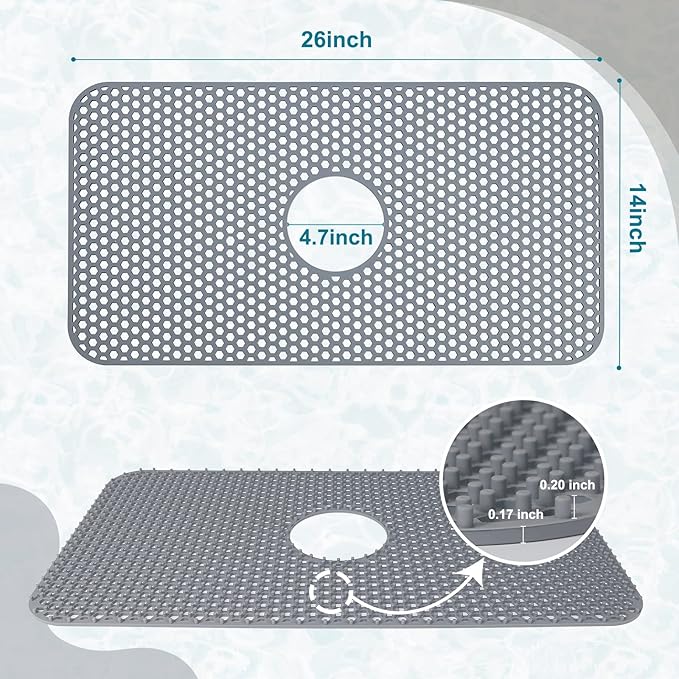 Silicone Sink Protectors for Kitchen Sink with Center Drain, 26'' x 14'' Kitchen Protector Accessory, Non-Slip Grid Mat for Bottom of Farmhouse Porcelain Stainless Steel (Center Hole)