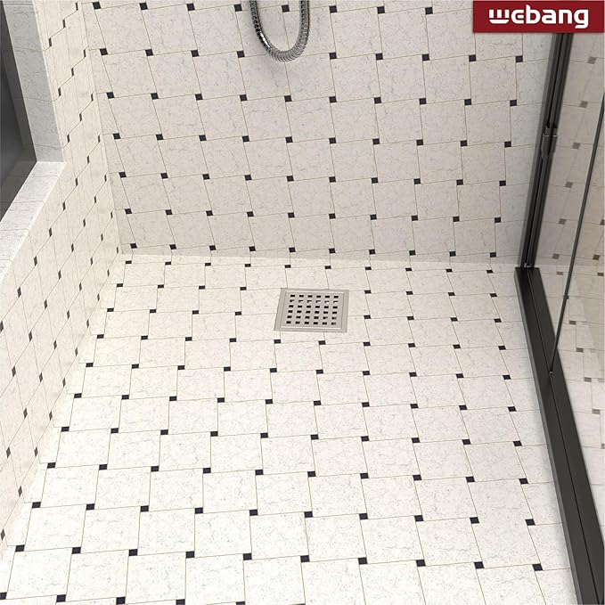 WEBANG 4 Inch Square Shower Floor Drain with Flange,Quadrato Pattern Grate Removable,Food-Grade SUS 304 Stainless Steel,Watermark&CUPC Certified,Brushed Nickel