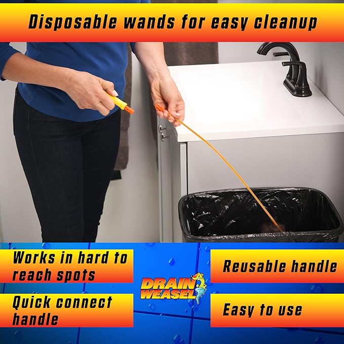 FlexiSnake Drain Weasel Sink Snake Hair Clog Remover Tool, Pipe, Bathroom, Bathtub Drain Cleaner, 24" Made in The USA 2 Wands and Removable Handle