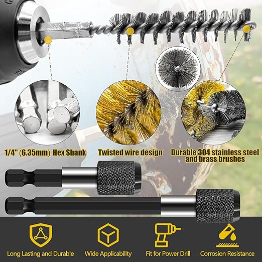 14-Piece Bore Brush Set - 304 Stainless Steel & Brass Drill Wire Bore Cleaning Brushes - 1/4" Hex Shank with Extension Bar for Power Drills, Impact Drivers, Grinders (8/10/12/15/17/19 mm)