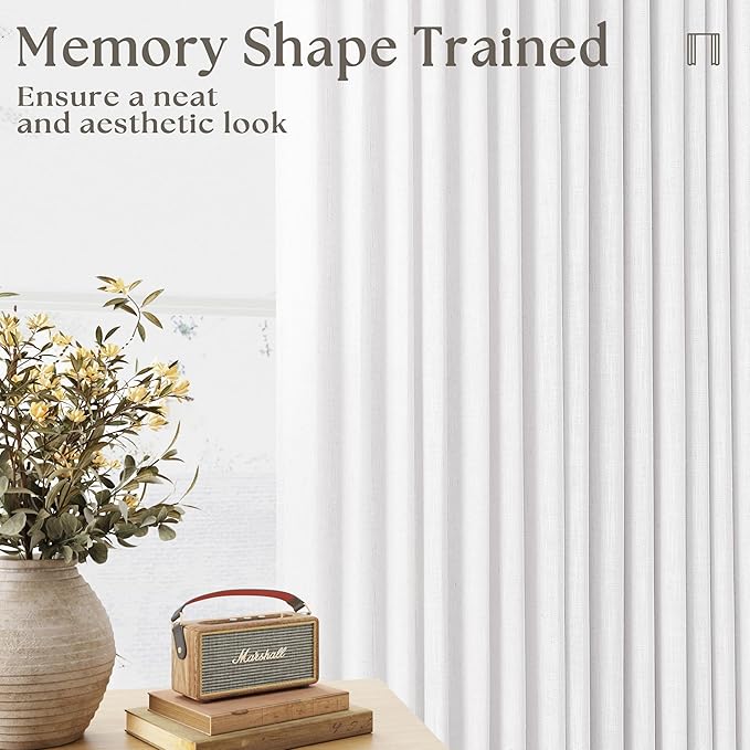 Pleated Linen Curtains 86 Inches Long for Living Room Pinch Pleat Hooks for Track System Back Tab Custom Made Memory Shape Drape Light Filtering Snow White Living Room Bedroom Window Curtain 86 Inch