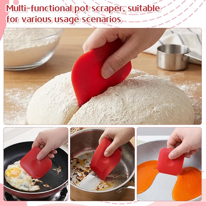 6PCS Plastic Pan Scraper Tool, Red Kitchen Scrapers for Cast Iron, Food Scrapers Tool Pan Cleaning, Food Scraper for Grease and Burnt Residue