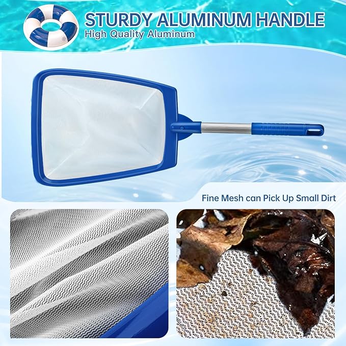 Pool Net, Professional Swimming Pool & Hot Tub Skimmer Net Accessories, Heavy Duty Pool Leaf Rake Cleaning Tool with Pole, Fine Nylon Mesh Bag Easy to Clean Bugs, Debris, Leaves (Blue&White