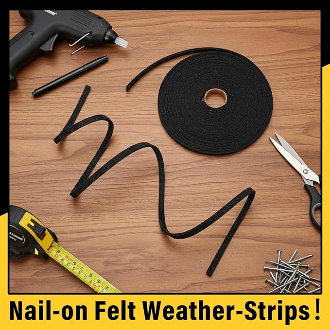 Pangda Nail on Felt Weatherstrip 3/8 Inch x 3/16 Inch x 33 ft Winter Gray Weather Stripping for Doors and Windows Brush Door Sweep Draft Dust Stopper Sliding Seal