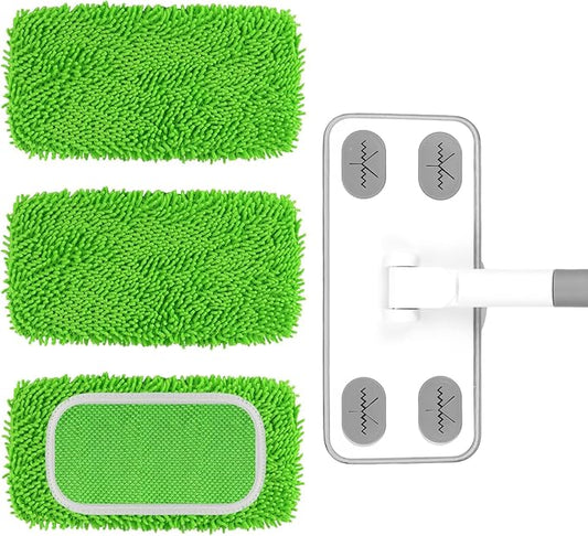 Reusable Microfiber Floor Mop System, Wet & Dry Sweeper Kit, Includes 1 Sweeper Handle, 3 Washable Chenille Mop Pads, Dry & Wet Use for Hardwood, Tile, and Laminate Floor