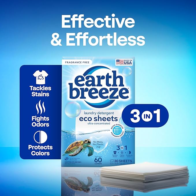 Earth Breeze Laundry Detergent Sheets Fragrance-Free - 180 Loads Eco Liquidless Soap - Travel-Friendly for Hot & Cold Cycles, Tackles Tough Stains & Odors - Gentle on Sensitive Skin, 90 Ct (3 Pack)