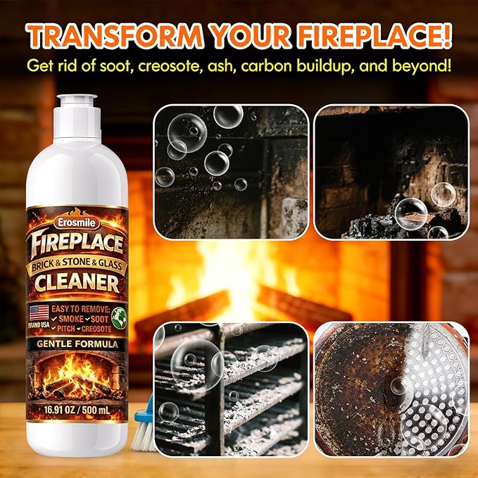 Fireplace Cleaning Set Fireplace Soot Remover with Scrub Brush for Brick, Stone, Rock, Tile, and Marble – Nonabrasive Brick Cleaner, Gentle Formula for Bricks & Glass Indoor and Outdoor -16.91 oz