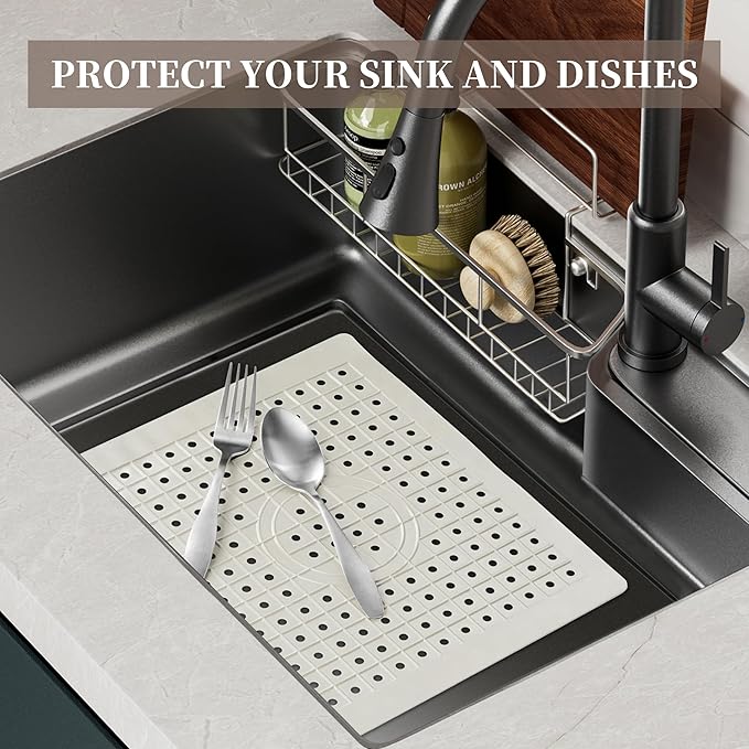 WILLKOMMEN Kitchen Sink Mat, 12" x 10" Dish Drying Mat, Sink Protector Mats for Bottom of Kitchen Sink, Fast Draining Sink Mats Grid, 2 Pack Cream White