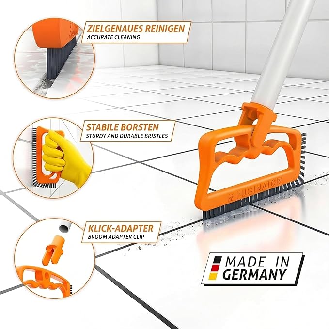 FUGINATOR® Grout Brush Orange/Gray - Ergonomic Heavy Duty Cleaning Brush for Bathroom, Shower & Kitchen - Deep Detail Scrubber for Wall & Floor Tiles, Crevices & Tight Spaces - Made in Germany