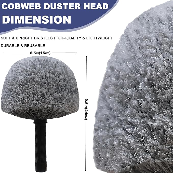Grey Corner Cobweb Duster Head Brush - High Efficiency Twist-On Spider Web Brush Cleaning Tool for Indoor & Outdoor Cleaning, Compatible with Standard Acme Threaded Poles -1 Pack