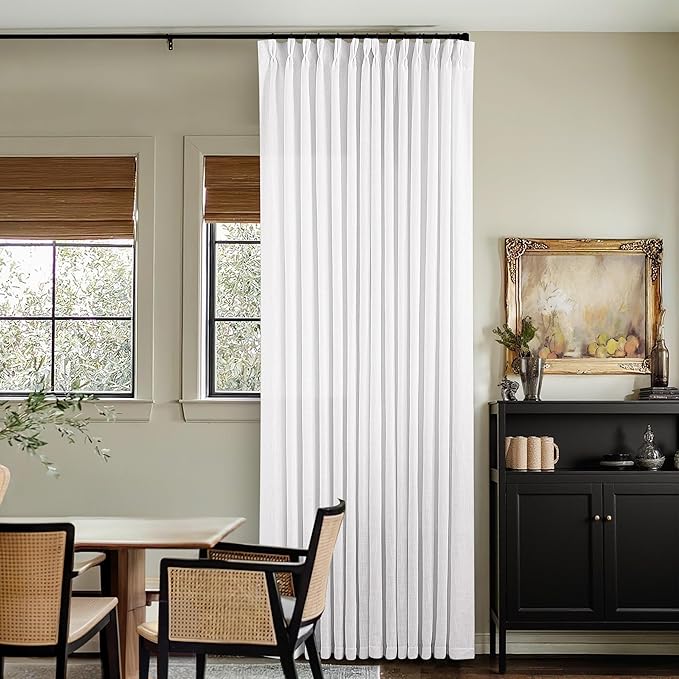 Pleated Linen Curtains 86 Inches Long for Living Room Pinch Pleat Hooks for Track System Back Tab Custom Made Memory Shape Drape Light Filtering Snow White Living Room Bedroom Window Curtain 86 Inch