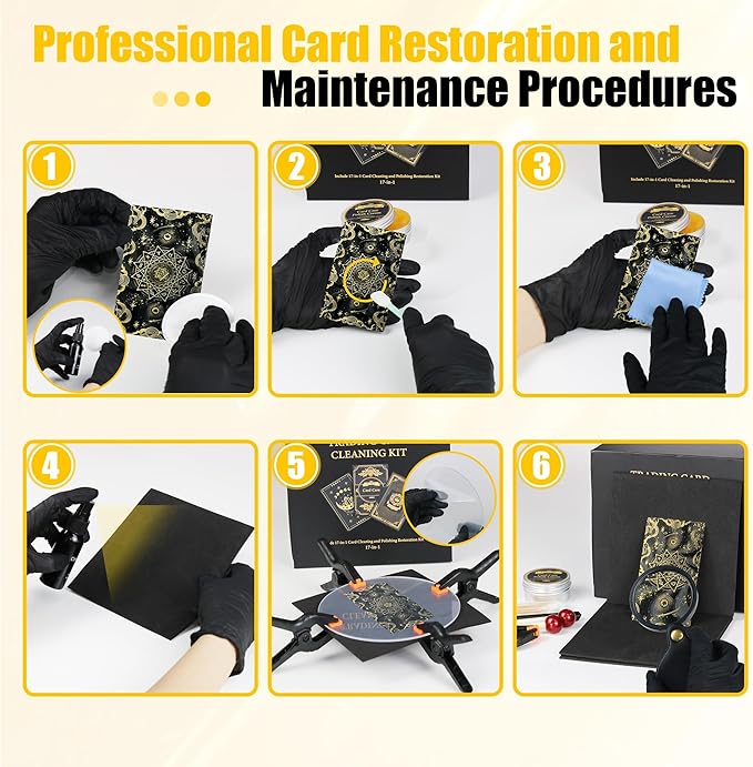 Card Care Clean Kit,17-in-1 Card Cleaning and Polishing Restoration Kit, Trading Card Cleaning Box with Cleaning Spray and Balck Nitrile Gloves, Suitable for Surface Card Care&Flatten Edges, 7.2″