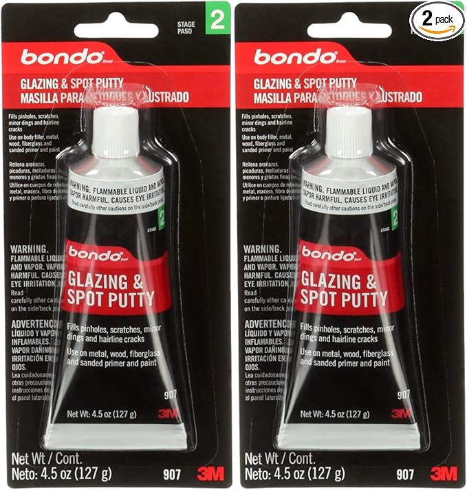 3M Bondo Glazing and Spot Putty 2 Pack (2 x 4.5 oz Tubes = 9 oz Total) Nitrocellulose red auto Body Finishing Putty for pinhole, Scratch and Small dent Repair on Metal, Fiberglass and Wood