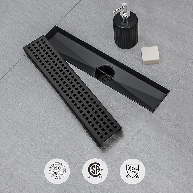 SaniteModar Linear Shower Drain, Black Shower Drain 12 inch with Square Hole Panel, Matte Black Linear Drain with Hair Strainer and Leveling feet
