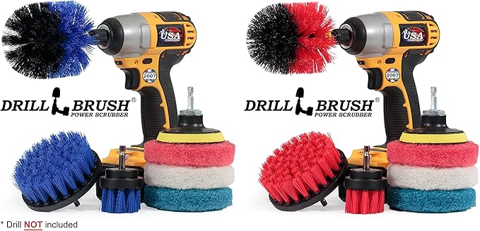 14 Piece Drillbrush Bundle - Stiff and Medium Stiffness Brushes - Pool Cleaning - Deck Scrub Brush - Drill Attachment Brush - Drillbrush Pads