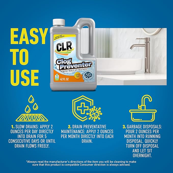 CLR Brands Clog Preventer Monthly Build Up Remover, 42 oz. Bottle, Drain Cleaner, Degrades Oils, Grease, Proteins and Fatty Acids, Safe for All Pipes and Septic Systems