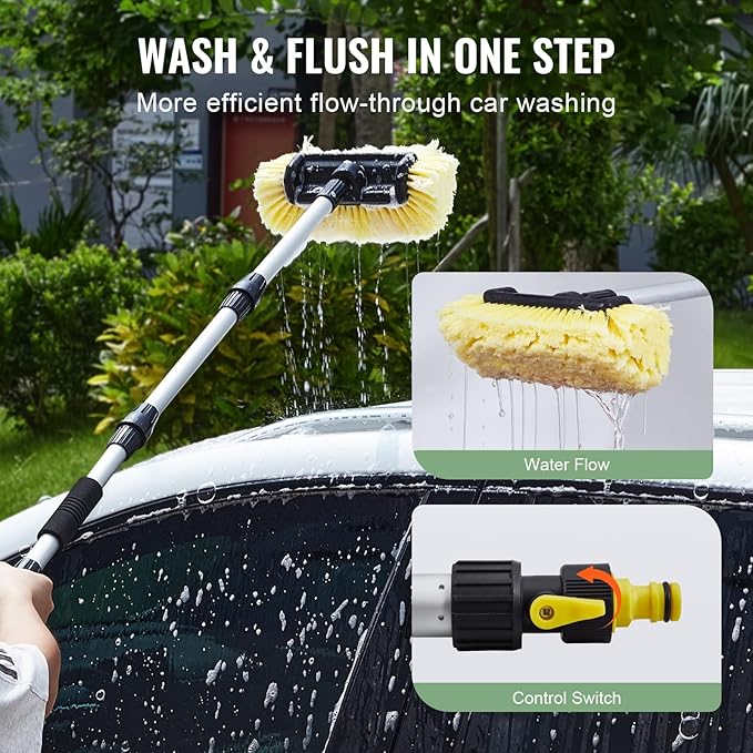 VEVOR Car Wash Brush, 66.7-Inch Extendable Car Washing Brush with Long Handle, 12" Scratch-Free Soft PVC Bristle Head, Flow-Thru Car Cleaning Mop Kit with Water Hose Attachment for Car RV Boat