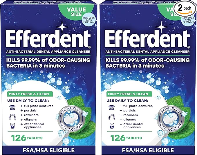 Efferdent Retainer Cleaning Tablets, Denture Cleaning Tablets for Dental Appliances, Minty Fresh & Clean, 126 Count (Pack of 2)
