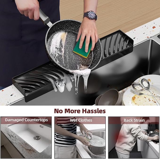 NiHome Multi-Use Silicone Kitchen Sink Edge Guard for Stone Countertop Edges 3.15"-4" Wide, Upgraded Slope Design with Raised Drainage Channels, Protector for Kitchen Sink, Bathtub, Wash Basin (Black)
