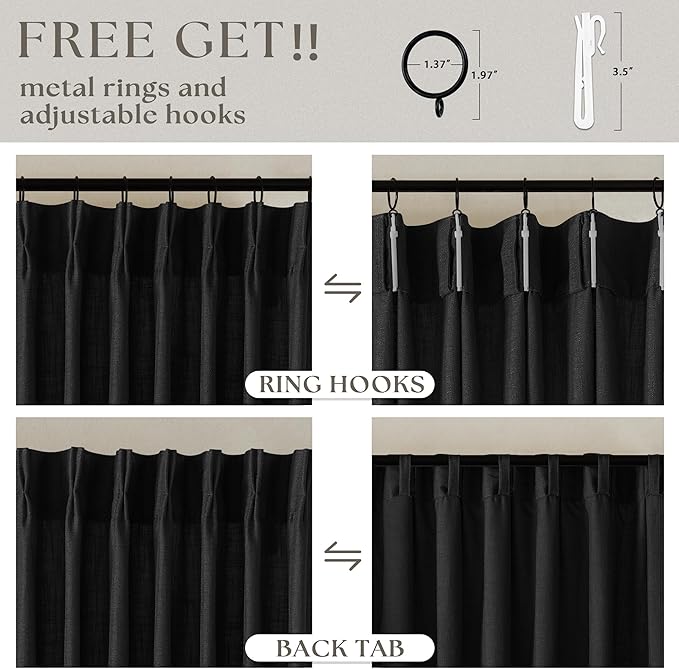 Pinch Pleated Black Linen Curtains 96 Inches Long for Living Room Bedroom Light Filtering Boho Window Drape 96 Inch 2 Panels with Hooks Rings 8ft Black Sliding Glass Door Semi Sheer Curtain