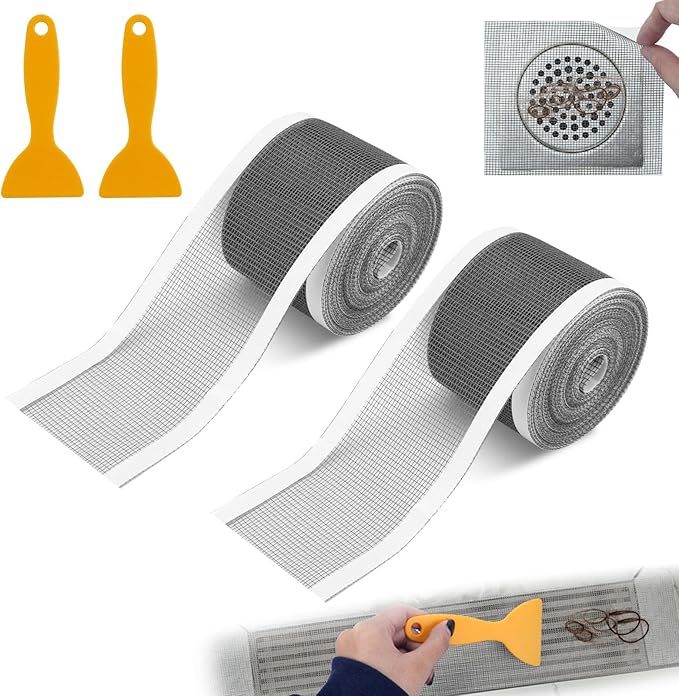 2 PCS 2.75 Inch x 33 FT Disposable Shower Drain Screen Self-Adhesive Stickers, with Cleaning Shovel, Showers Drain Hair Catcher, Shower Drain Mesh Stickers for Bathroom Kitchen Sink