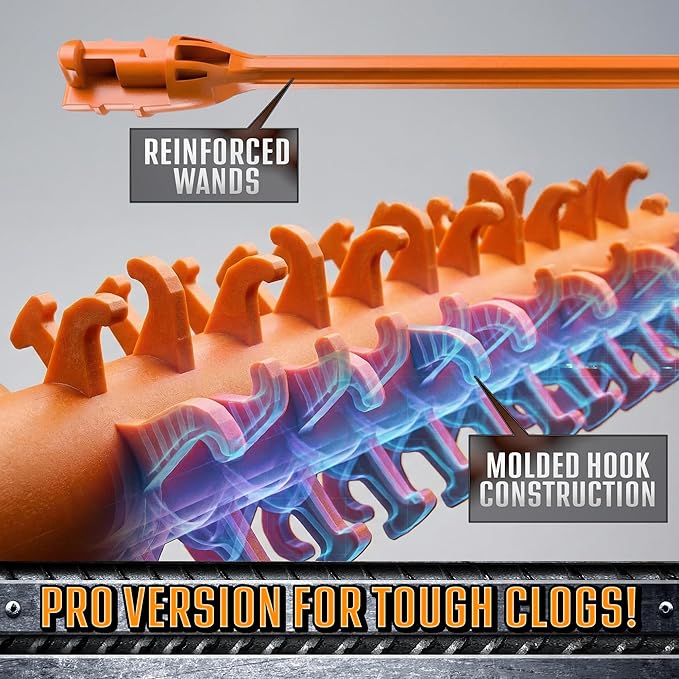 FlexiSnake Pro Drain Weasel Sink Snake Hair Clog Remover Tool, Sink, Pipe, Bathroom, Bathtub Drain Cleaner, 18-inch Long, Flexible, Made in The USA, 10 Pack Reusable Wands and Removable Handle