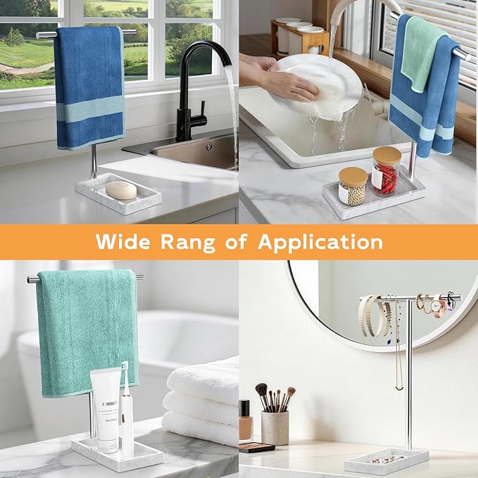 Volnamal Hand Towel Holder for Bathroom, 2-in-1 T-Shape Towel Stand with Countertop Tray, Hand Towel Rack Standing for Counter Top, Vanity, Kitchen, Heavy Non-Tipping Holder - Silver