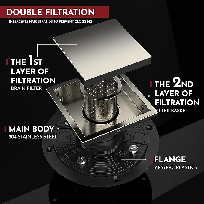 WEBANG 4 Inch Square Shower Drain Nickel Floor Drain with Flange Reversible 2-in-1 Cover Tile Insert Grate Removable SUS304 Stainless Steel CUPC Certified Brushed Nickel