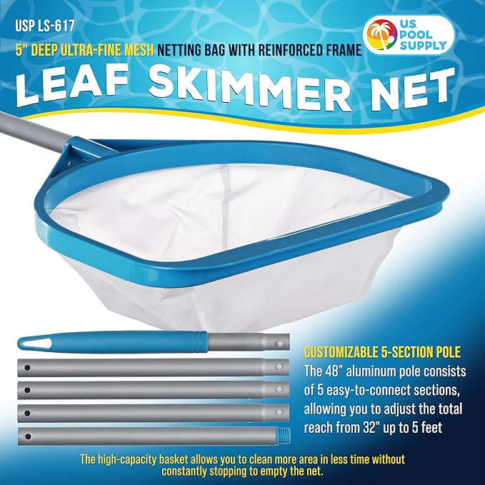 U.S. Pool Supply Pool and Spa Skimmer Net with Pole, Handheld Ultra-Fine Mesh Pool Leaf Skimmer Net - Hand Held Spa, Hot Tub, Pond Cleaning - Step-Up 32" to 5 Feet Long, 5" Deep Netting, Scoop Skim