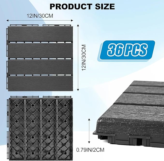 ToLanbbt Plastic Interlocking Deck Tiles 36 Pack 12"x12" Waterproof Indoor Outdoor Composite Patio Flooring Decking Tiles All Weather Use for Patio Porch Balcony Backyard Poolside, Dark Grey