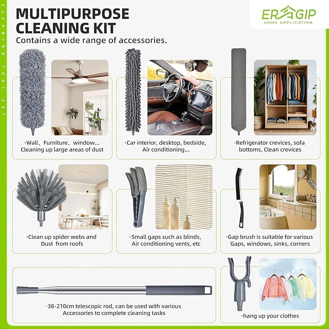 Extendable Feather Duster with Extension Pole 30 to 100 Inches, 11 Pcs Cleaning Kit with Microfiber Feather Dusters, Crevice Cleaning Brush, for Cobwebs, Blinds, Furniture, High Ceilings & Cars