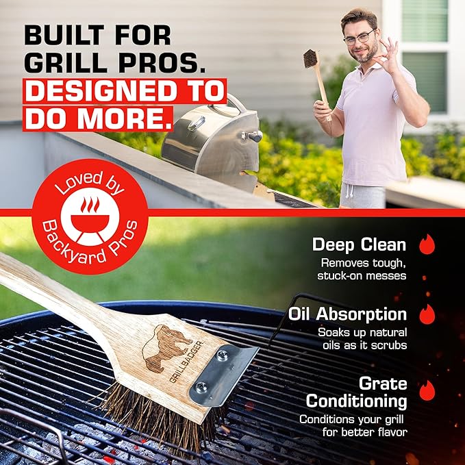 The Original Non Metal Grill Brush for Outdoor Grill | High Temp Heat Resistant BBQ Cleaning Brush | Long Lasting Wooden BBQ Cleaner with Scraper, Safe for Cast Iron Grates - Natural Wood