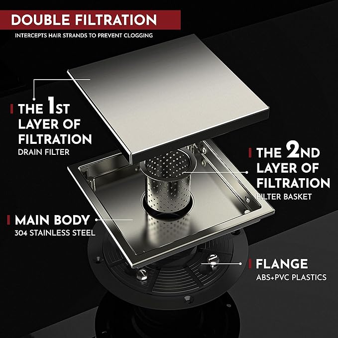 WEBANG 6 Inch Square Shower Drain Nickel Floor Drain with Flange Reversible 2-in-1 Cover Tile Insert Grate Removable SUS304 Stainless Steel CUPC Certified Brushed Nickel