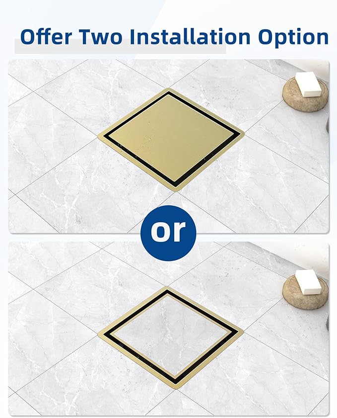 4 Inch Gold Shower Drain, Modern 2-in-1 Tiled Shower Drain - 304 Stainless Steel Square Shower Floor Drain for Bathroom, Brushed Gold Drain Shower with Tile Insert Grate Removable, Hair Strainer