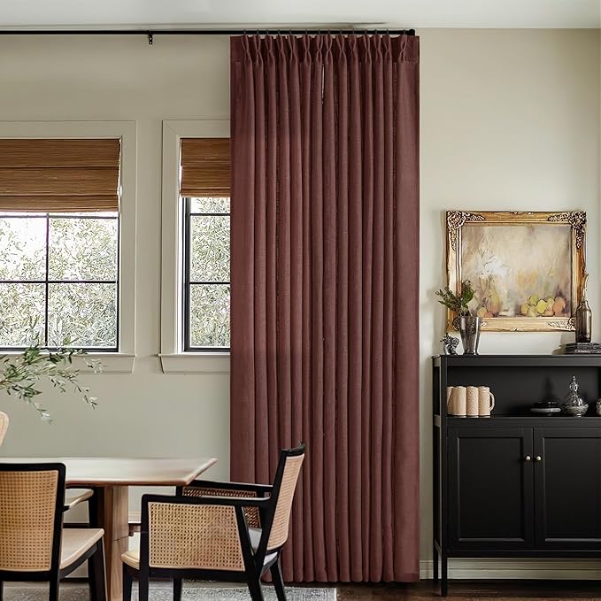 Brick Brown Pinch Pleated Linen Curtains 90 Inches Long for Living Room Bedroom 2 Panels Light Filtering Pinch Pleat Hooks Rings Back Tab Red Chestnut Country Farmhouse 90 Inch Window Curtain Drapes
