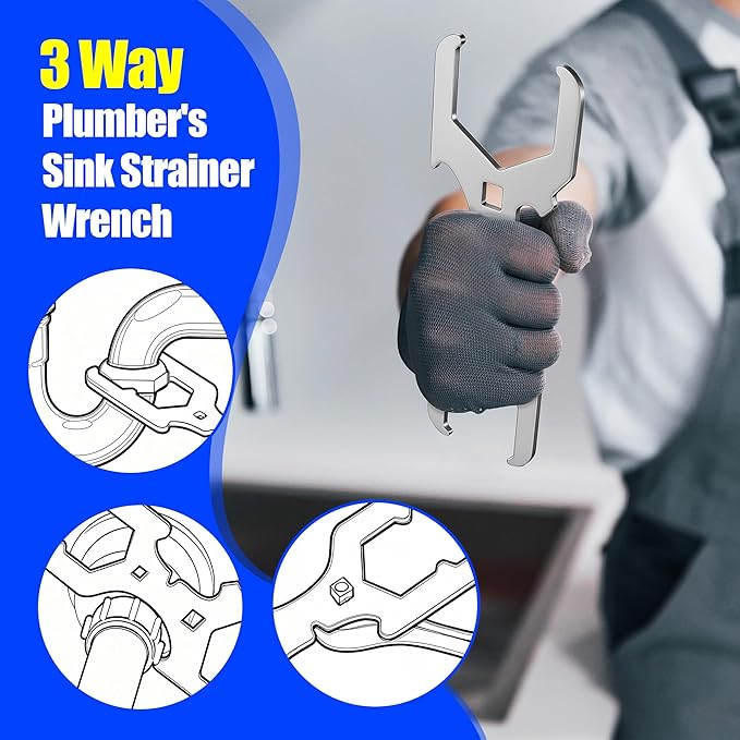 Feekoon 3 Way Sink Strainer Wrench, Basket Strainer Wrench with Sliding Handle, Multifunction Plumber's Tool Fits 1-3/4", 2", 2-1/2" Nuts for Installing and Locking Sink Nuts
